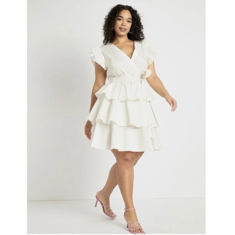 ELOQUII Ivory Tiered Ruffle Mini Wrap Dress‎ Size 20 Bridal Feminine Flattering